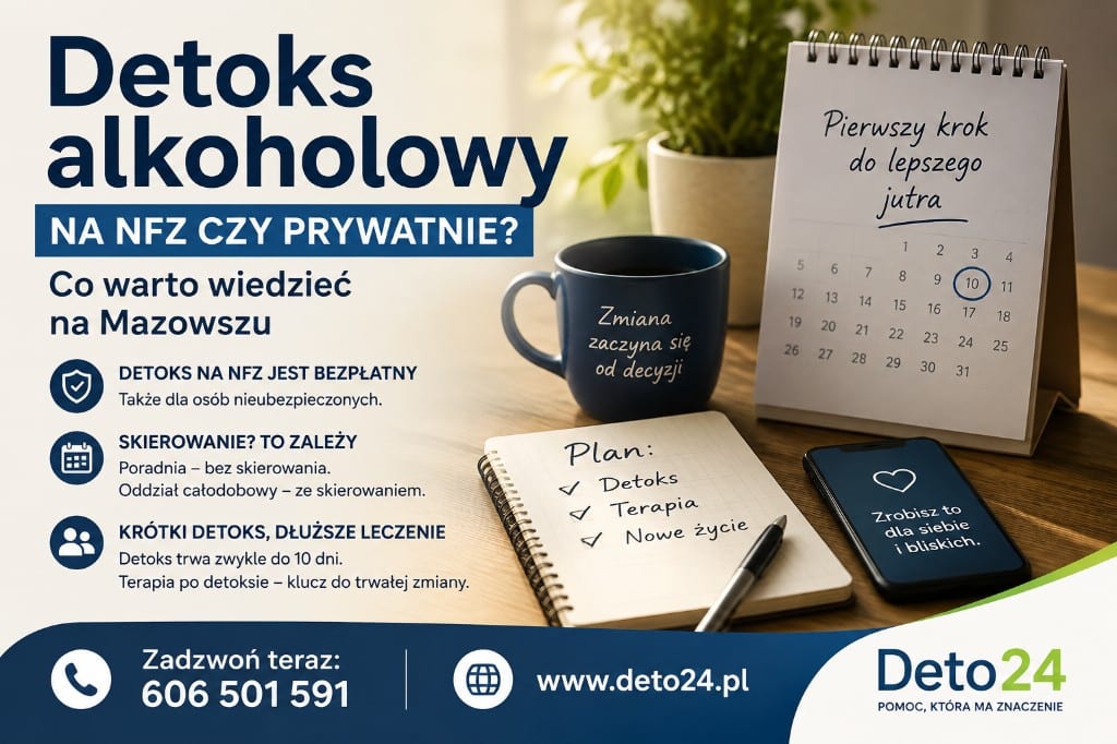 Kalendarz i telefon na stole — planowanie detoksu alkoholowego na NFZ lub prywatnie